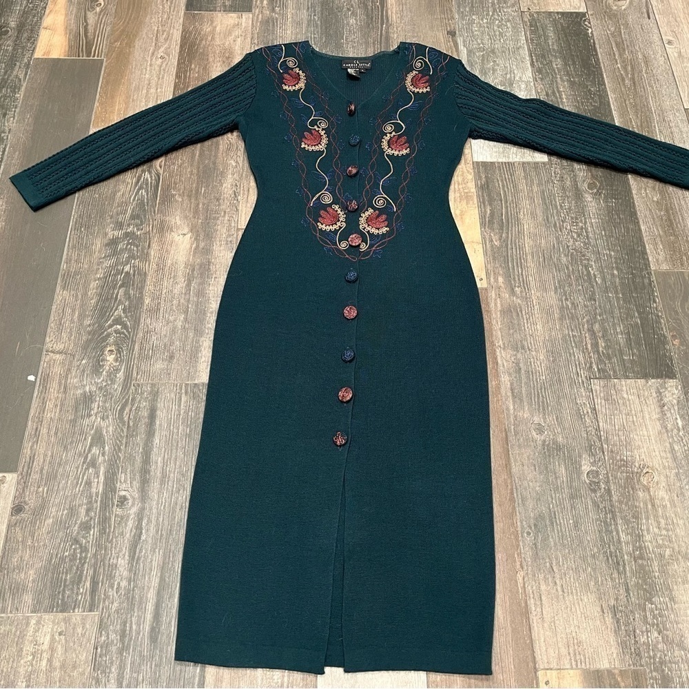 Carole Little Wool Blend Embroidered Long Body-con Sweater Dress Embordiery Sm